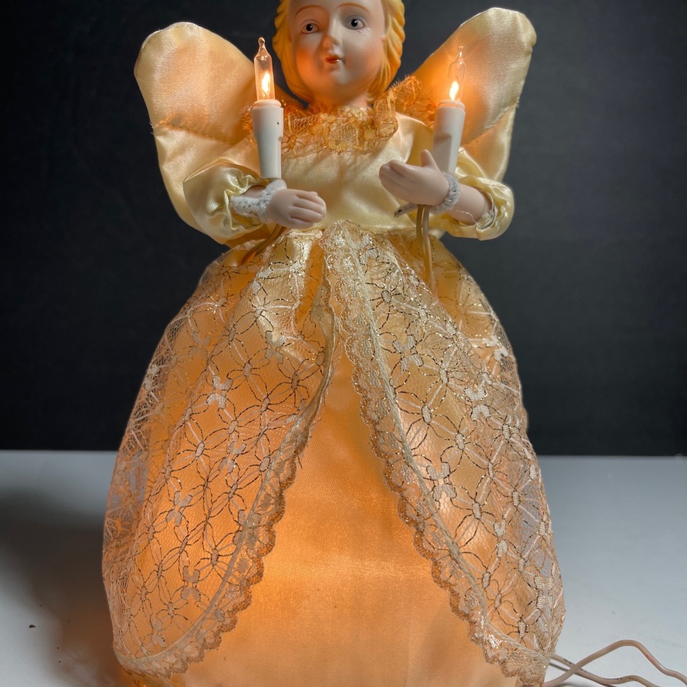 Antique 1960’s Christmas Angel Topper Gold Glitter Porcelain Face 9” Elizabethan